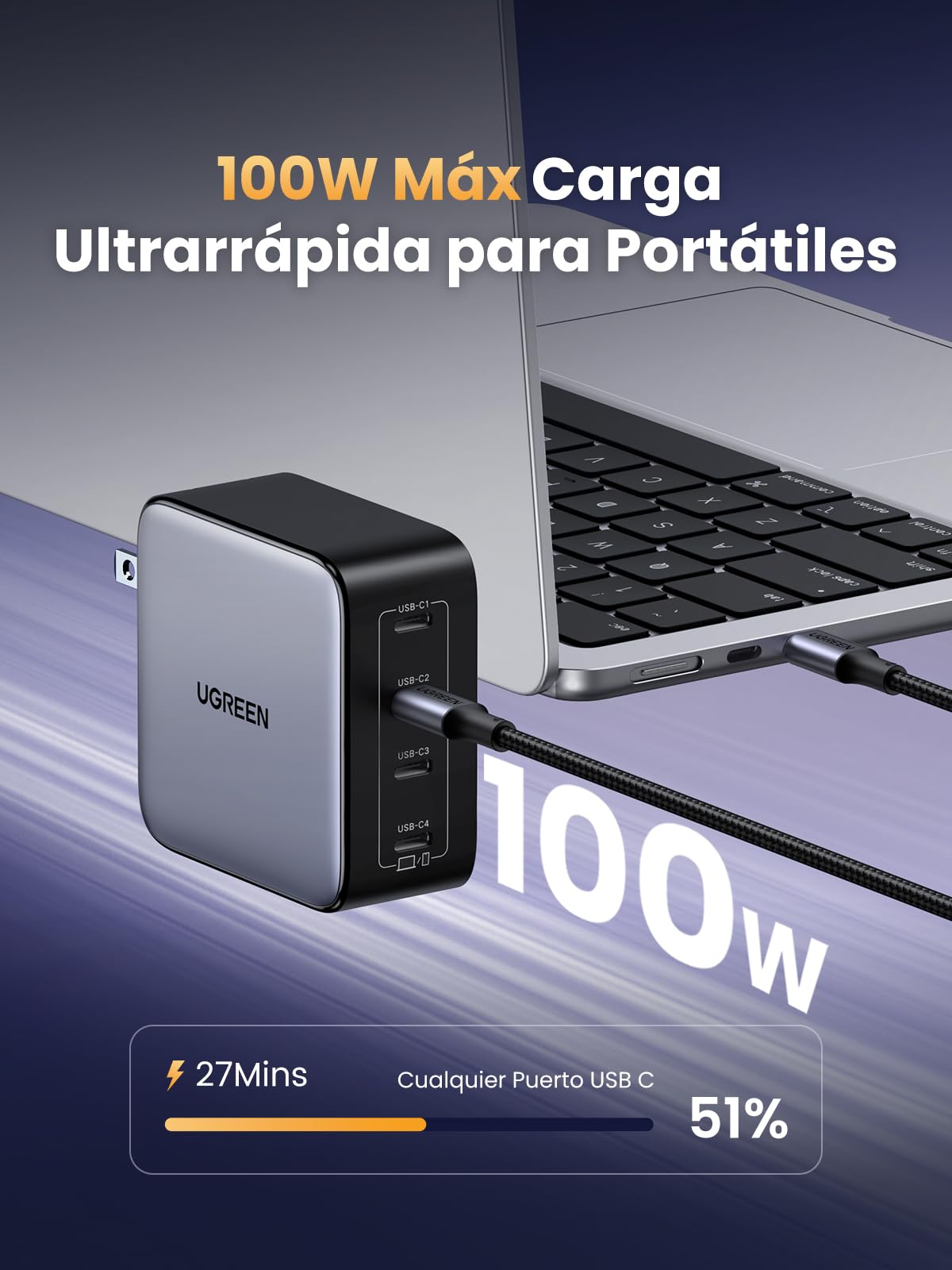 Original Cargador USB C UGREEN Nexode Negro 100W Carga Rápida con 4 Puertos