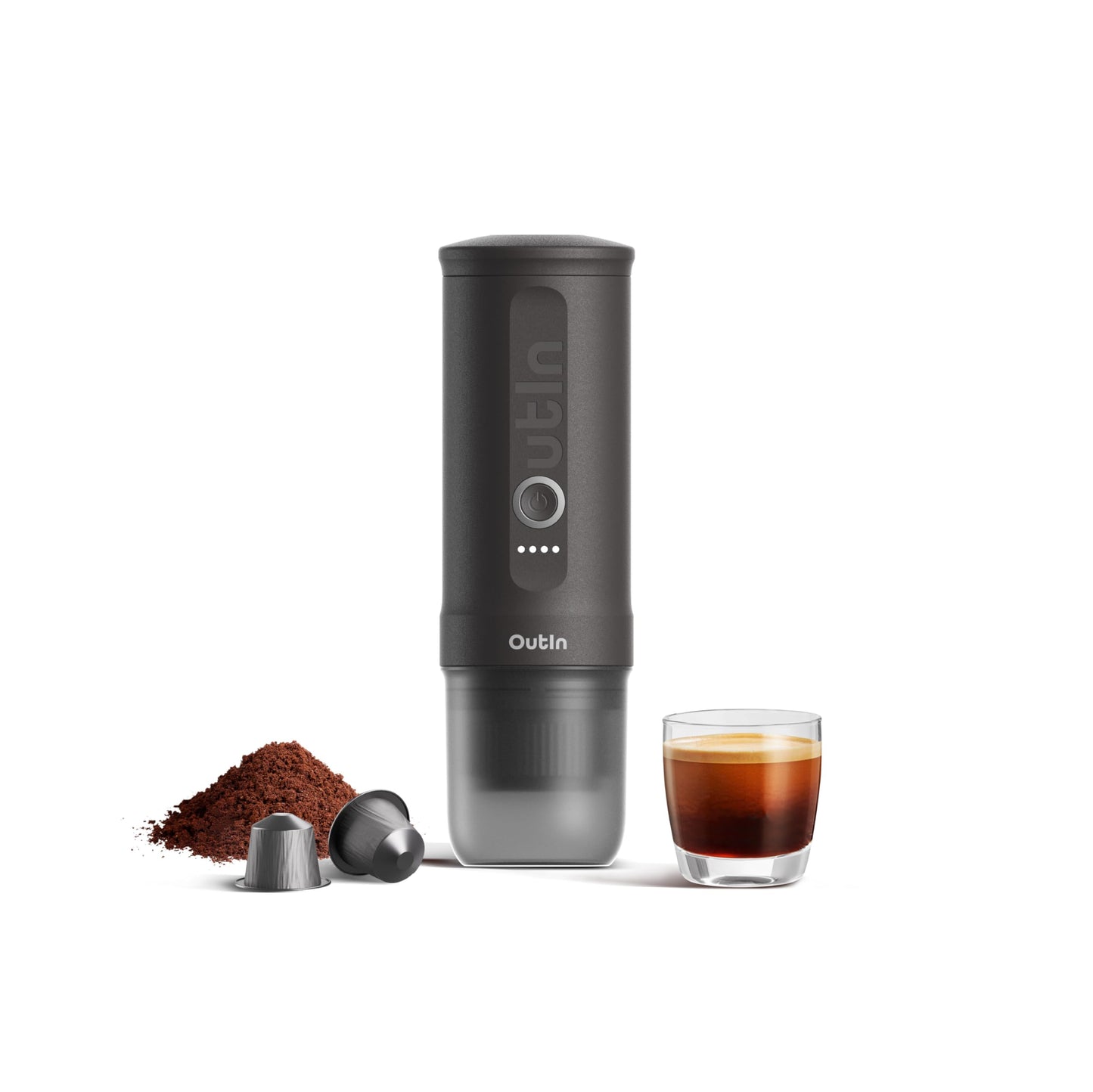 Outin nano cafetera eléctrica portátil, cafetera de campamento, autocalentada por cafetera para vehículos usb - c, Autocaravana con café molido y cápsulas ns, senderismo, Oficina