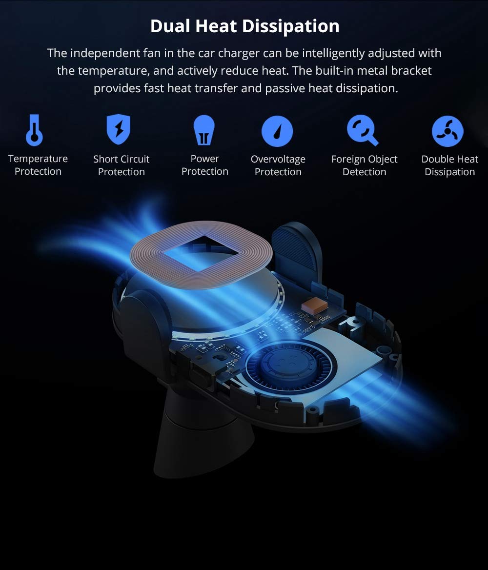Xiaomi Cargador de Coche inalámbrico 20W MAX Power Inductive Abrazadera eléctrica Brazo Doble disipación de Calor Carga rápida, Negro