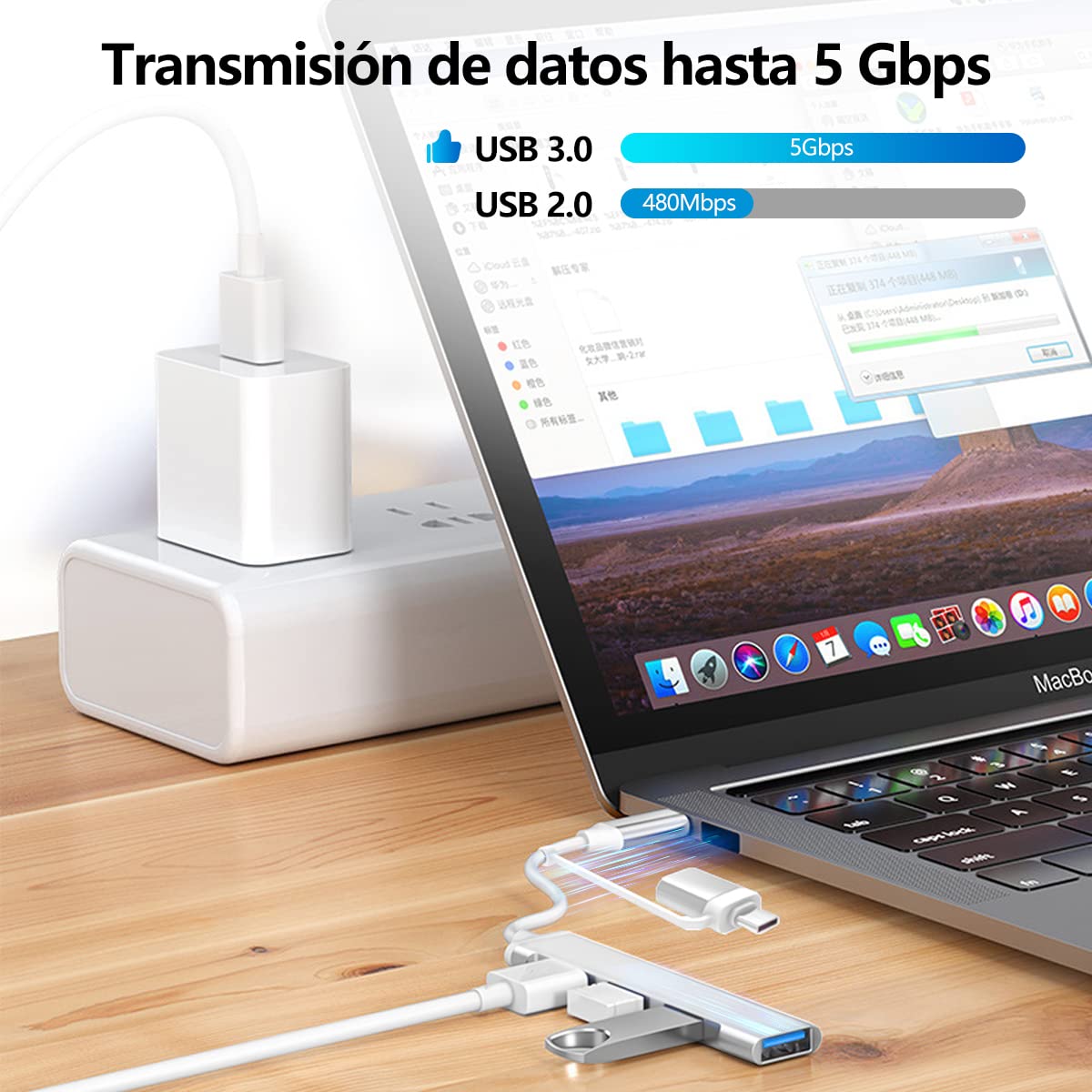 Adaptador USB C EMAGIE Plata 6 en 1 con 4 Puertos USB 3.0 para Windows y MacOS