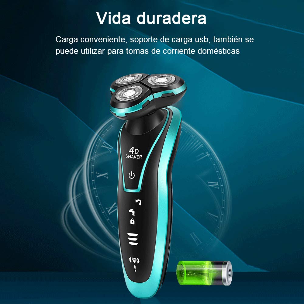 Afeitadora Eléctrica,Rasuradora Recargable Eléctrica para Hombre Rotativa,Afeitadora Recargable Multifuncional Rotativa con Cuchillo de Barba Tres en Uno Recortadora de Melena (Azul)