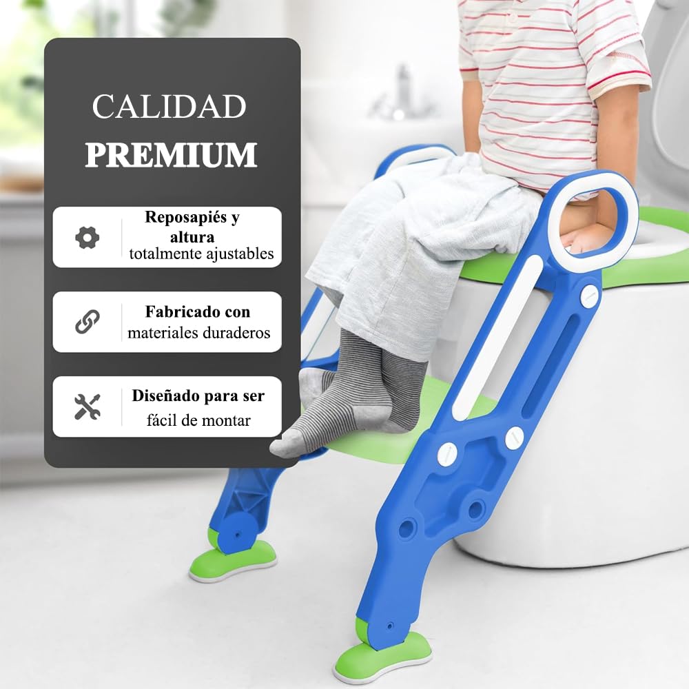 Baño Entrenador Niño, Asiento Entrenador para Baño con Tapizado y Escalera Antideslizante, Plegable Escalera para Baño Niños, Fácil de Guardar, Asiento Ergonómico, Edad de 3 a 10 Años, Verde Azulado