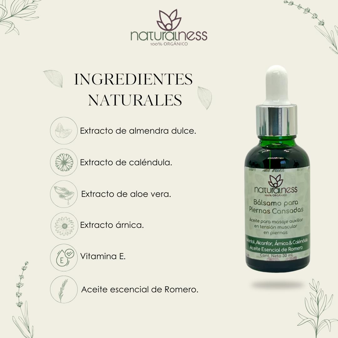 Aceite para Masaje Naturalness Piernas Cansadas Bálsamo Refrescante con Mentol, Alcanfor y Romero