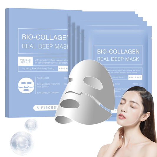 Mascarilla Bio Colágeno, Mascarilla de Colágeno, Minimiza los Poros Mejora la Elasticidad, Mascarillas Faciales para Reafirmación del Rostro en Mujeres y Adolescentes (1 Cajas - 5 Piezas)