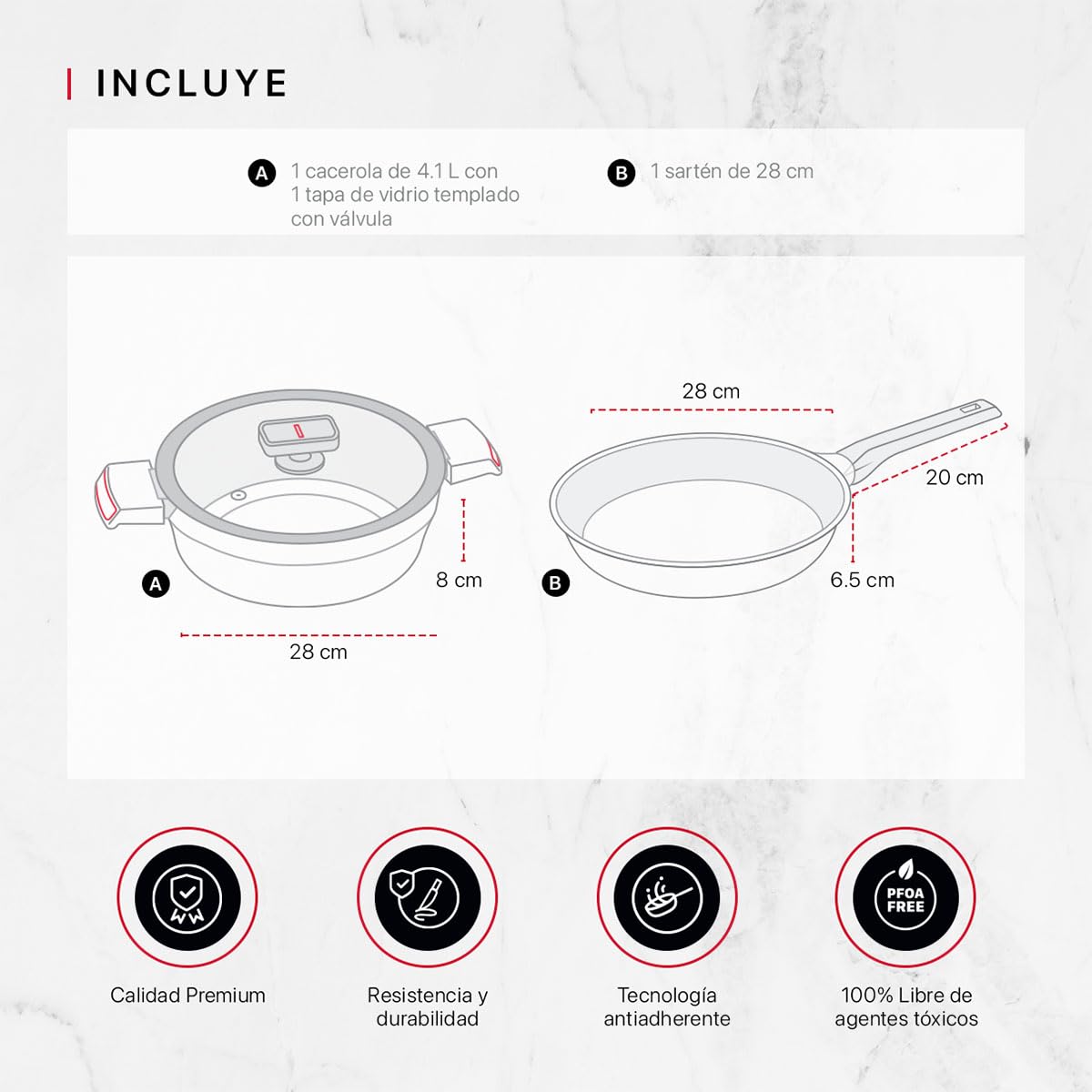 Cookify Set de Sarten y Cacerola de Aluminio con Revestimiento Antiadherente para todo tipo de estufas (3 piezas - 28 cm)