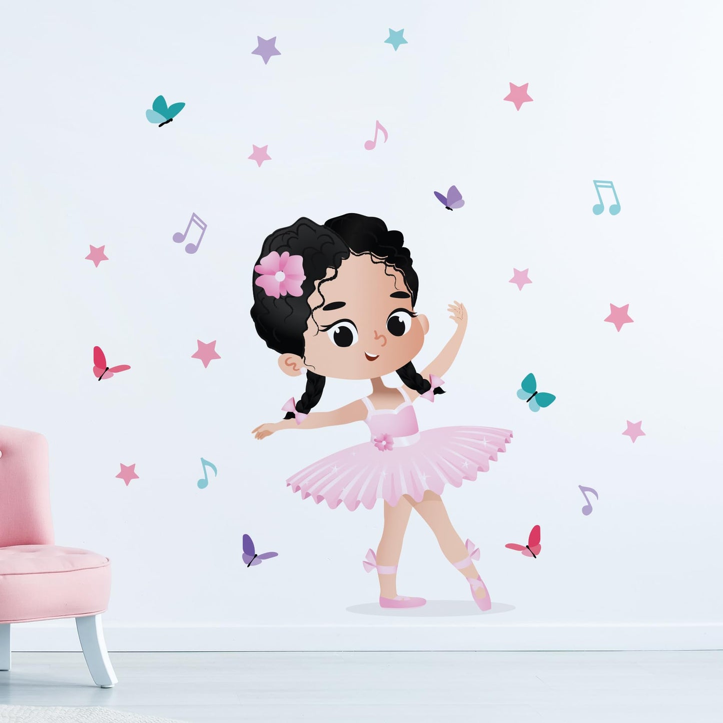 Bailarina - Calcomanía de pared con trenzas de cabello oscuro para recámara de niñas, habitaciones y calcomanías