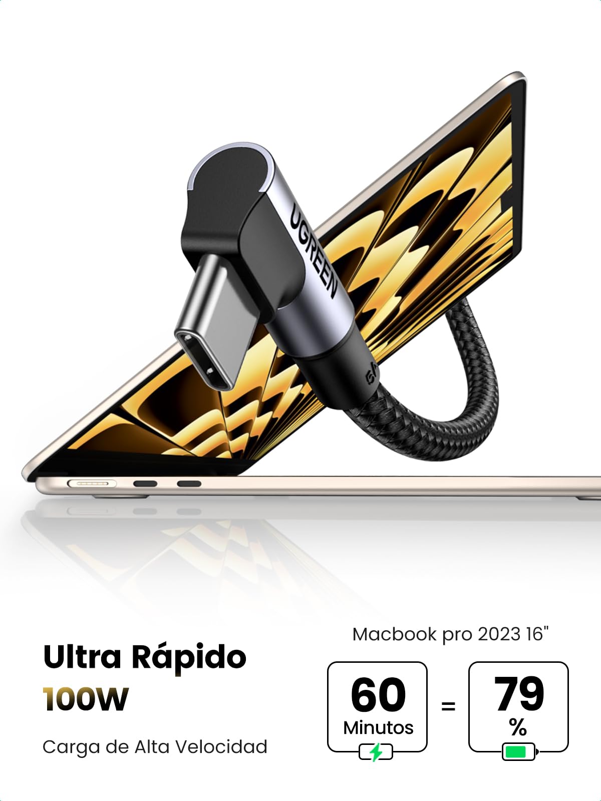 Cable USB C 100W UGREEN Negro 90 Grados Carga Rápida 2M