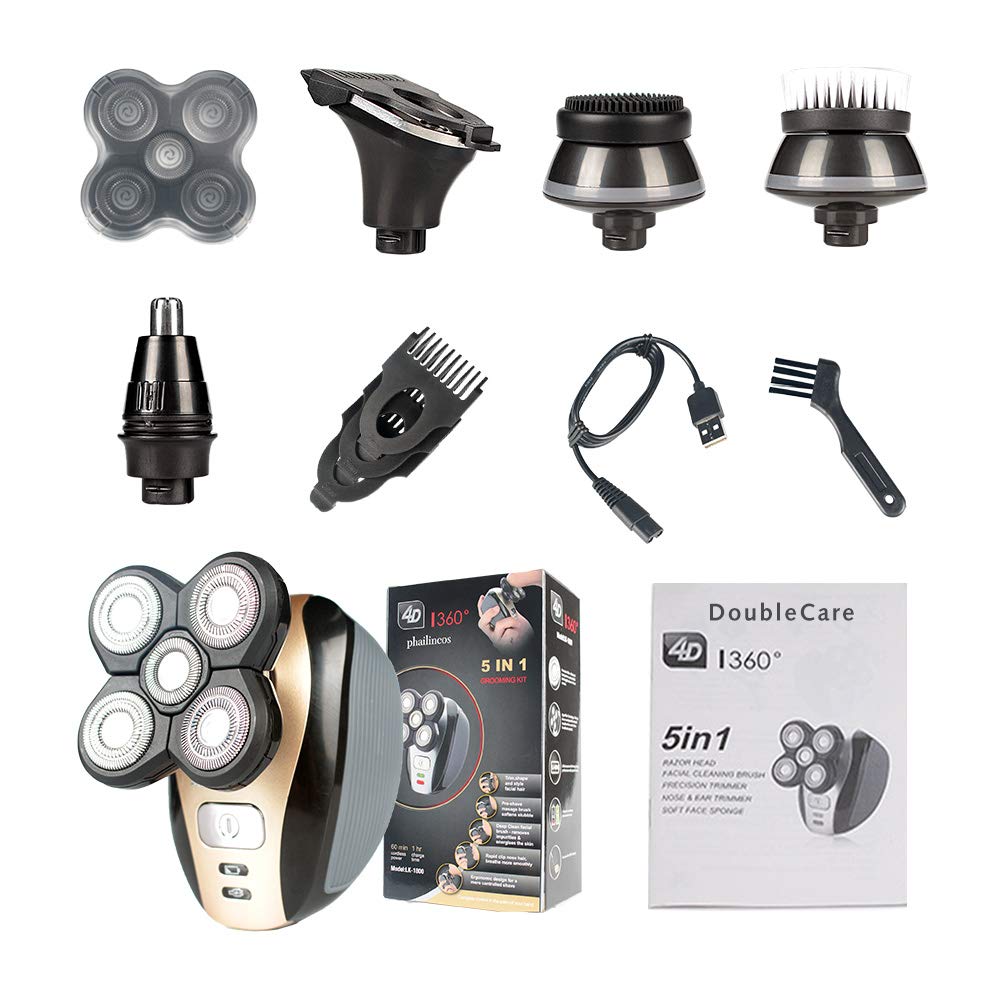 Afeitadora Eléctrica Hombre,Afeitadora Eléctrica 5 en 1 Para Hombres,Afeitadoras de Cabeza Flotante 4D para Hombres Calvos,Kit de Aseo Inalámbrico Skull Shaver 5 Head con IPX7 Impermeable,para Barba
