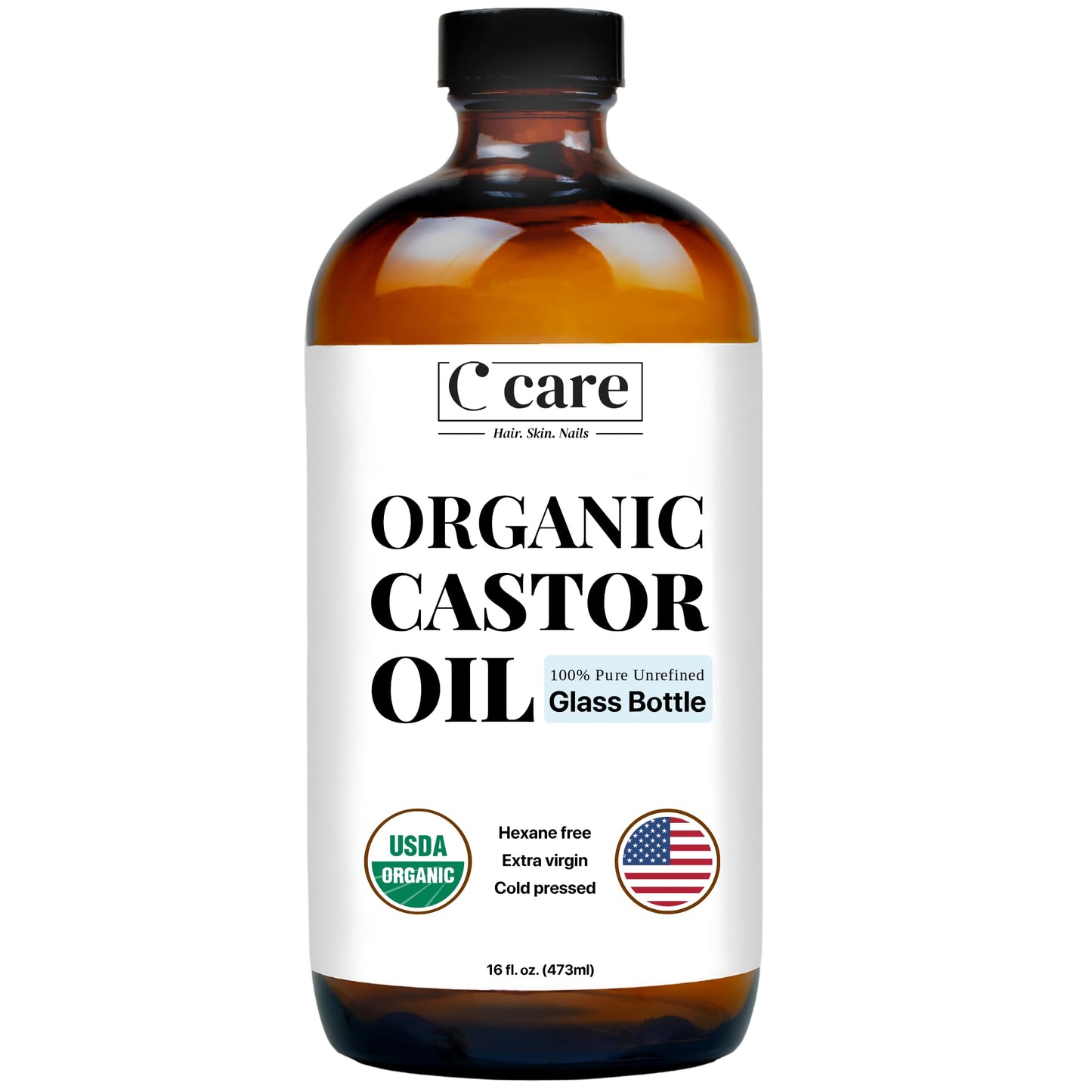 C CARE Aceite de Ricino Orgánico Prensado En Frío Sin Refinar Botella de Vidrio Sin Refinar Usda Certificado Puro Aceite de Ricino Orgánico Sin Hexano Virgen Extra para Crecimiento Del Cabello Cejas P