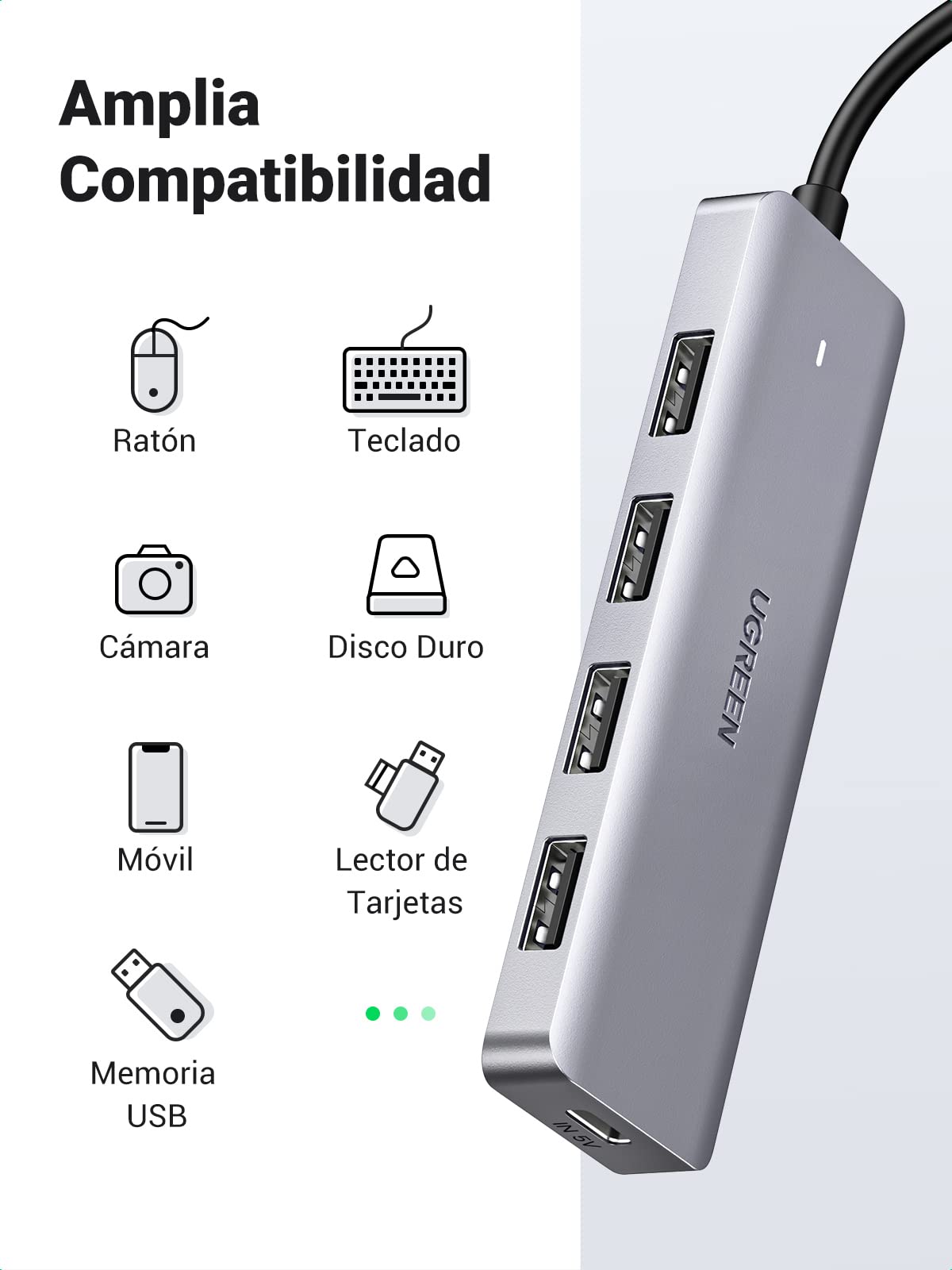 Adaptador USB C UGREEN Plata con 4 Puertos USB 3.0 para Dispositivos Tipo C