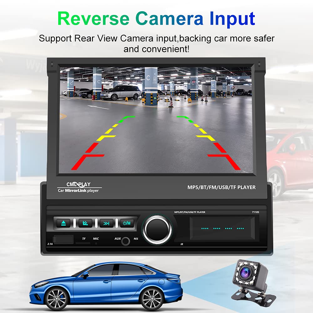 Hikity - visualización táctil de un solo din, estéreo para coche, visualización táctil de 7 pulgadas, estéreo automático con radio FM, Bluetooth, enlace de espejo, EQ, entrada USB/TF/AUX, SWC, cámara