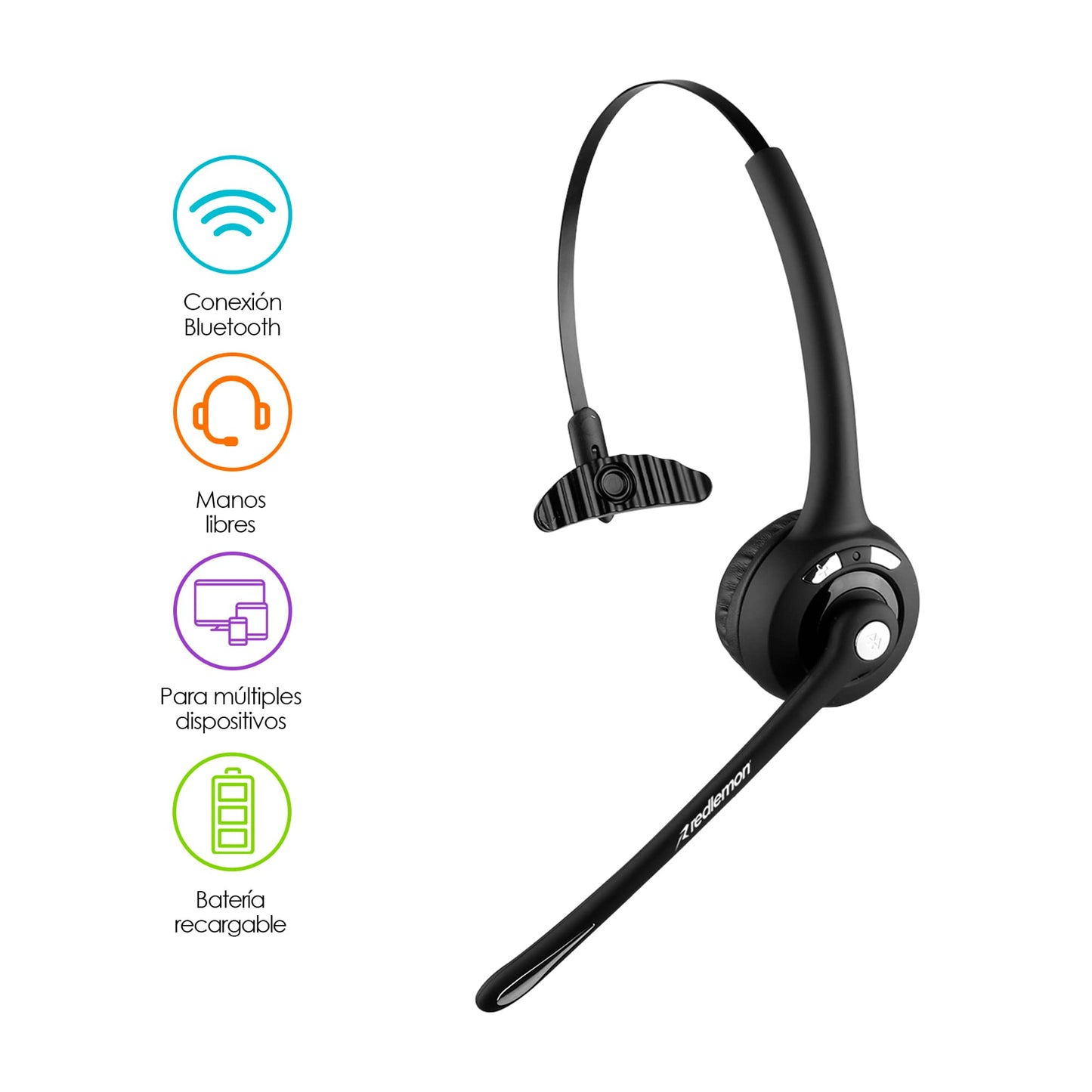 Diadema con Micrófono Bluetooth Redlemon Negra Recargable de Larga Duración para Gaming y Videoconferencias