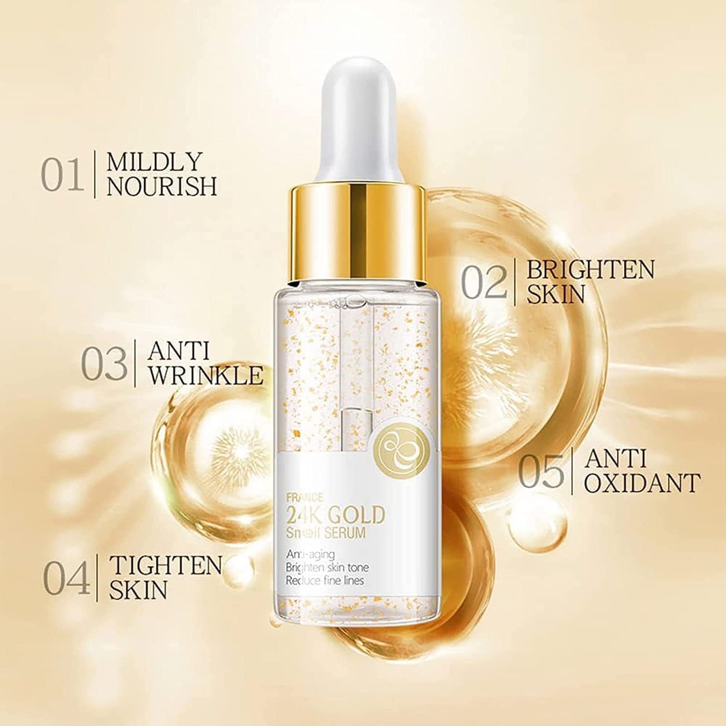 Suero Facial Antienvejecimiento de Oro 24K con Colágeno y Caracol - ¡Reduce arrugas y rejuvenece tu piel!