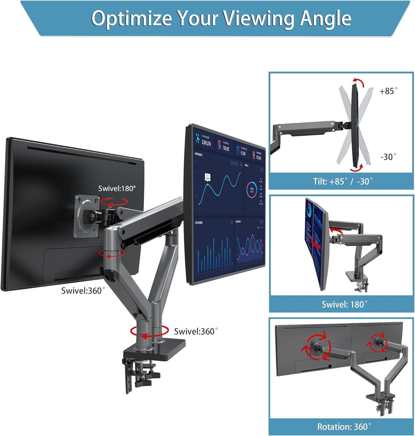 Soporte Hidráulico Doble MORNWELL para Pantalla de 22 a 32 Pulgadas Negro Ergonómico