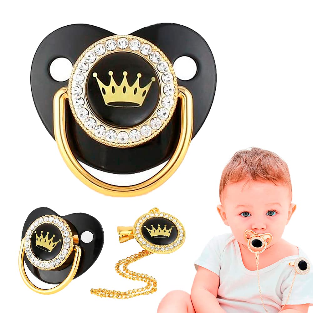 Chupón/Chupete para Bebé, Diseño VIP de Corona con Mamilla Ergonómica Libre de BPA para Niño y Niña + Clip de Seguridad y Tapa protectora | 0 a 18 meses (Negro/Corona Dorada)
