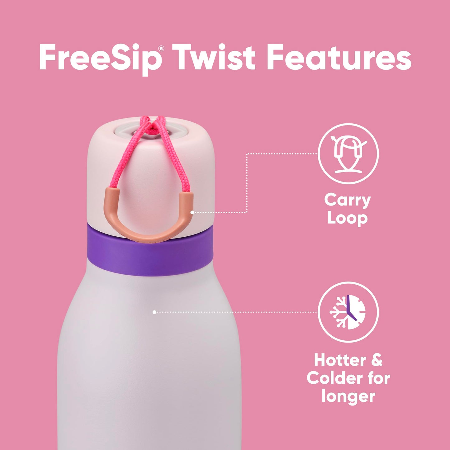 Owala FreeSip Twist - Botella de agua de acero inoxidable con popote para deportes y viajes, sin BPA, 18 onzas, rosa/morado (campo de ensueño)