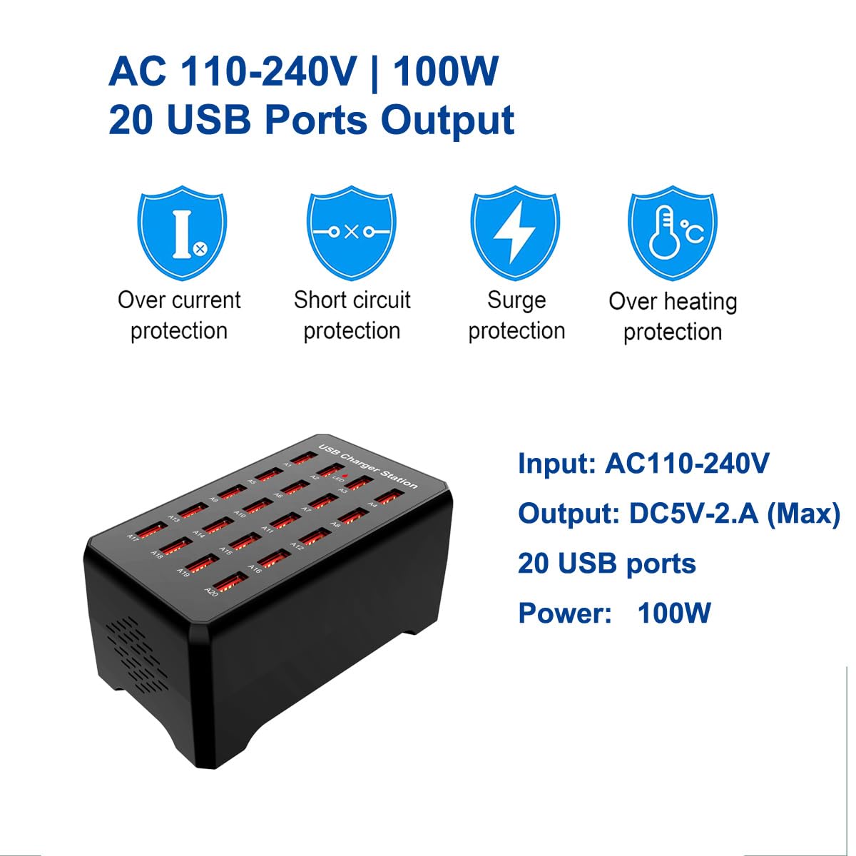Estación de Carga USB MaxLax Negro de 20 Puertos 100W Compatible con Smartphones y Tabletast