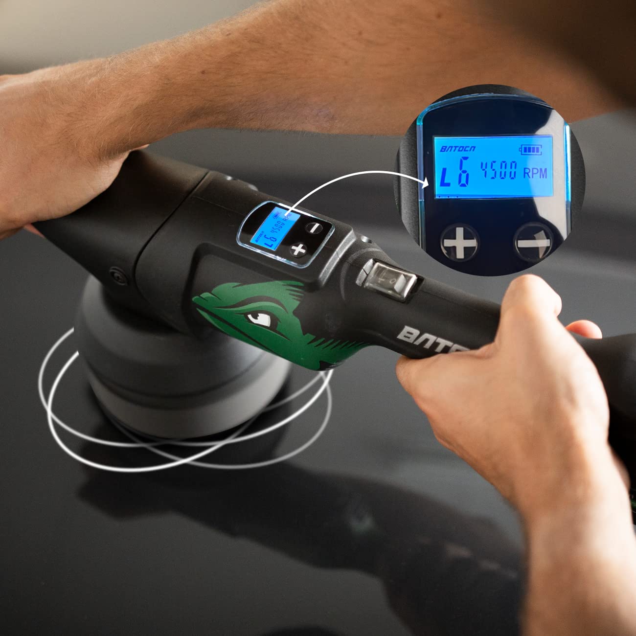 BATOCA S2 - Buffer de pulidor orbital inalámbrico aleatorio, 2 baterías de 4.0Ah, visualización LCD con 6 velocidades variables 2000 - 4500 RPM inalámbrico kit de pulido de coche para detalles de