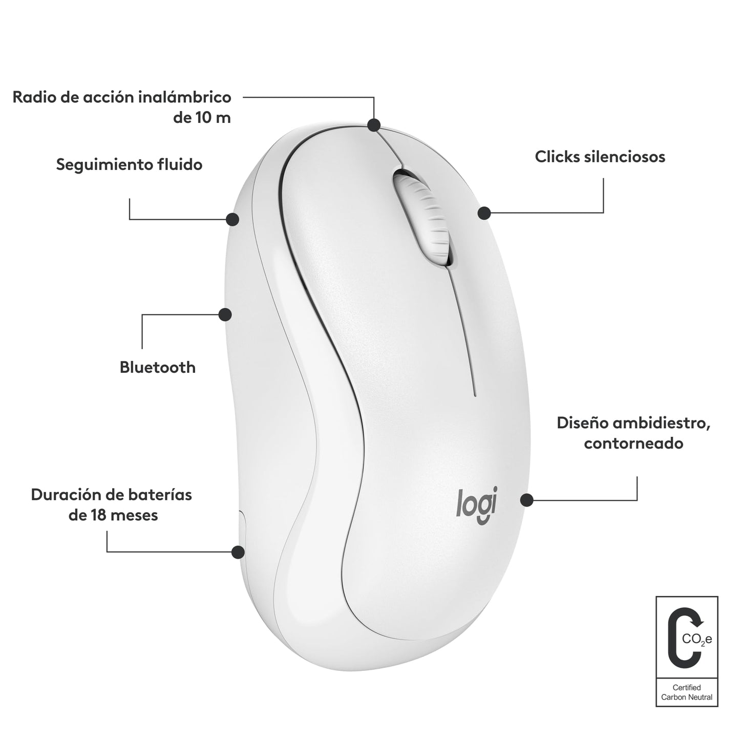 Logitech Mouse Bluetooth silencioso M240, inalámbrico, Compacto, portátil, Seguimiento Suave, batería 18 Meses, Windows, macOS, ChromeOS, Compatible con PC, Mac, laptops, Tablets - Blanco