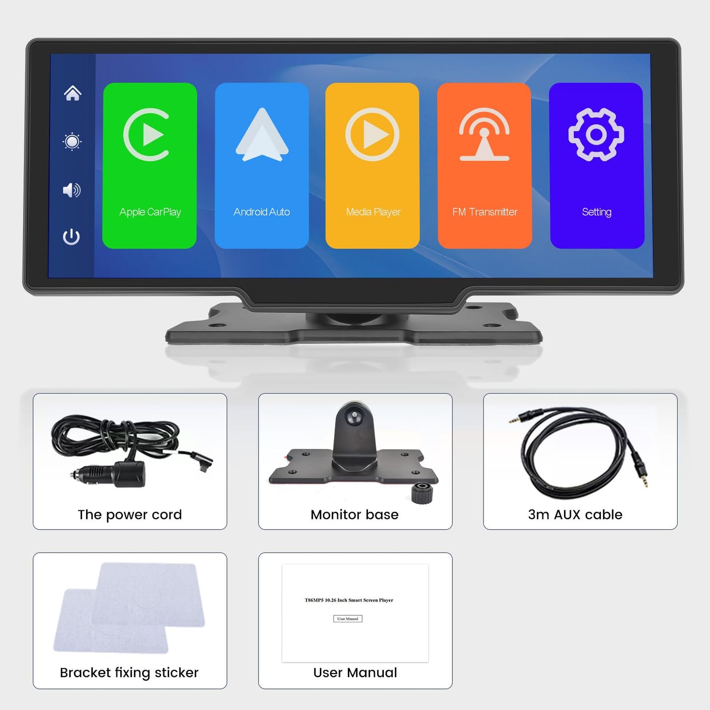 Carplay - visualización estéreo de 10.3 pulgadas HD inalámbrica portátil para coche Buddy con visualización táctil, reproducción de coche y transmisión automática de Android FM Bluetooth para