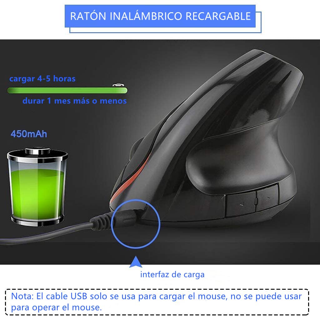 Mouse Ergonómico Inalámbrico Óptico Vertical con Receptor USB 2.4GHz para Mac y Windows