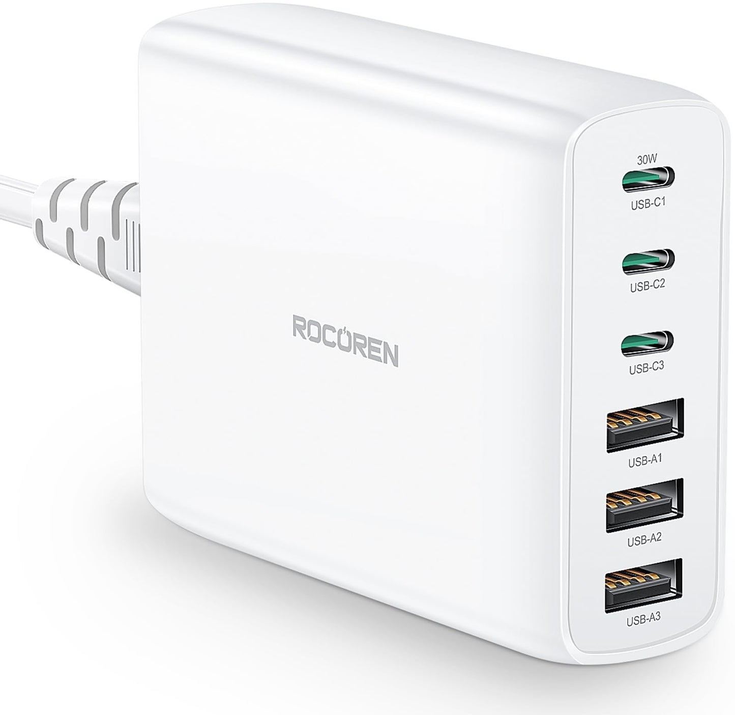 Cargador USB C, Rocoren 100W 6 Puertos PD3.0 QC4.0 estación de carga USB C, multipuerto con 3 USB-C+3 USB-A, cargador de pared portátil rápido USB C para MacBook Air, iPhone 15/14/13/12, iPad, Samsung