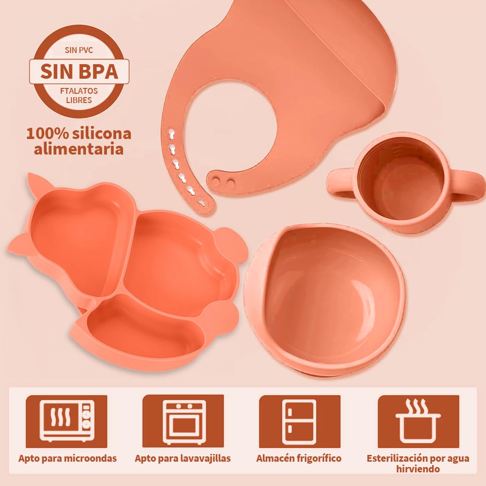 FINYQBET Platos Para Bebés De Silicona Con Tazón Cuchara Tenedor Babe,Set de 8 Piezas para Bebés,Plato para Bebe con Ventosas, Ajustable,NARANJA