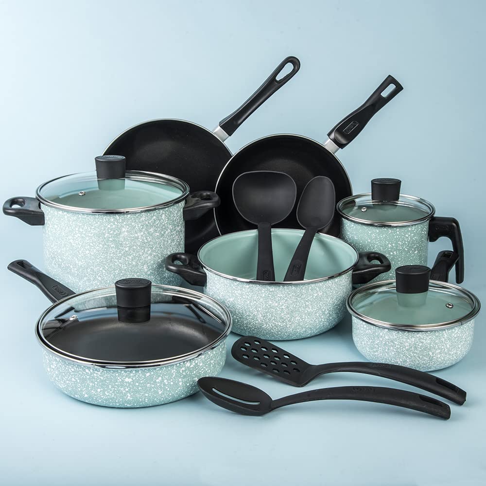 Cinsa Batería de cocina Granito Jade Menta 15 piezas, peltre pesado con antiadherente, tapas de vidrio templado, Jade Menta (15 piezas)