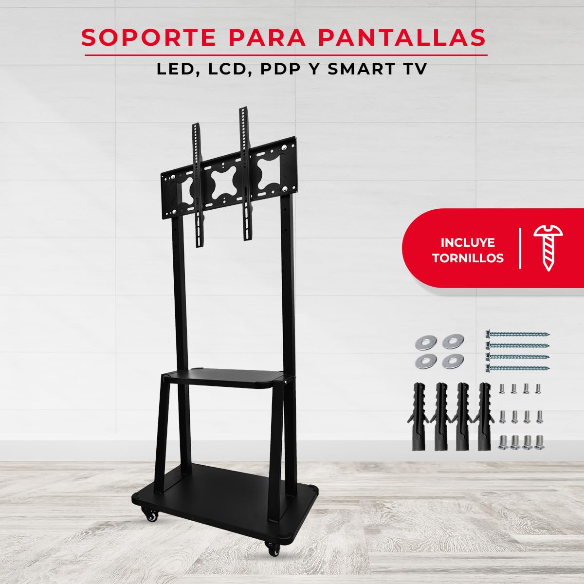 LINK BITS C3275N41 Soporte de TV móvil con Ruedas para televisores 32" a 75", Base para Pantalla de Piso, Giratorio con Dos repisas para monitores de hasta 75kg y VESA de hasta 600x400mm.