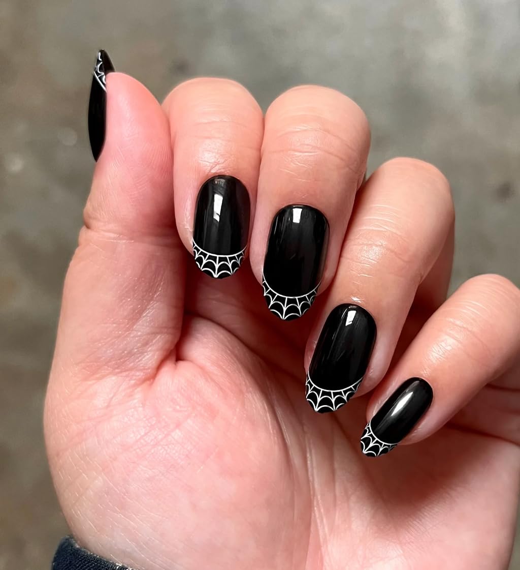 Olive & June Uñas postizas Super Stick Mani | Ovaladas medianas | Sin pegamento | 32 uñas postizas, 16 tamaños, duran hasta 7 días | No tóxicas, fáciles de poner y quitar | No dañan las uñas | Diseño