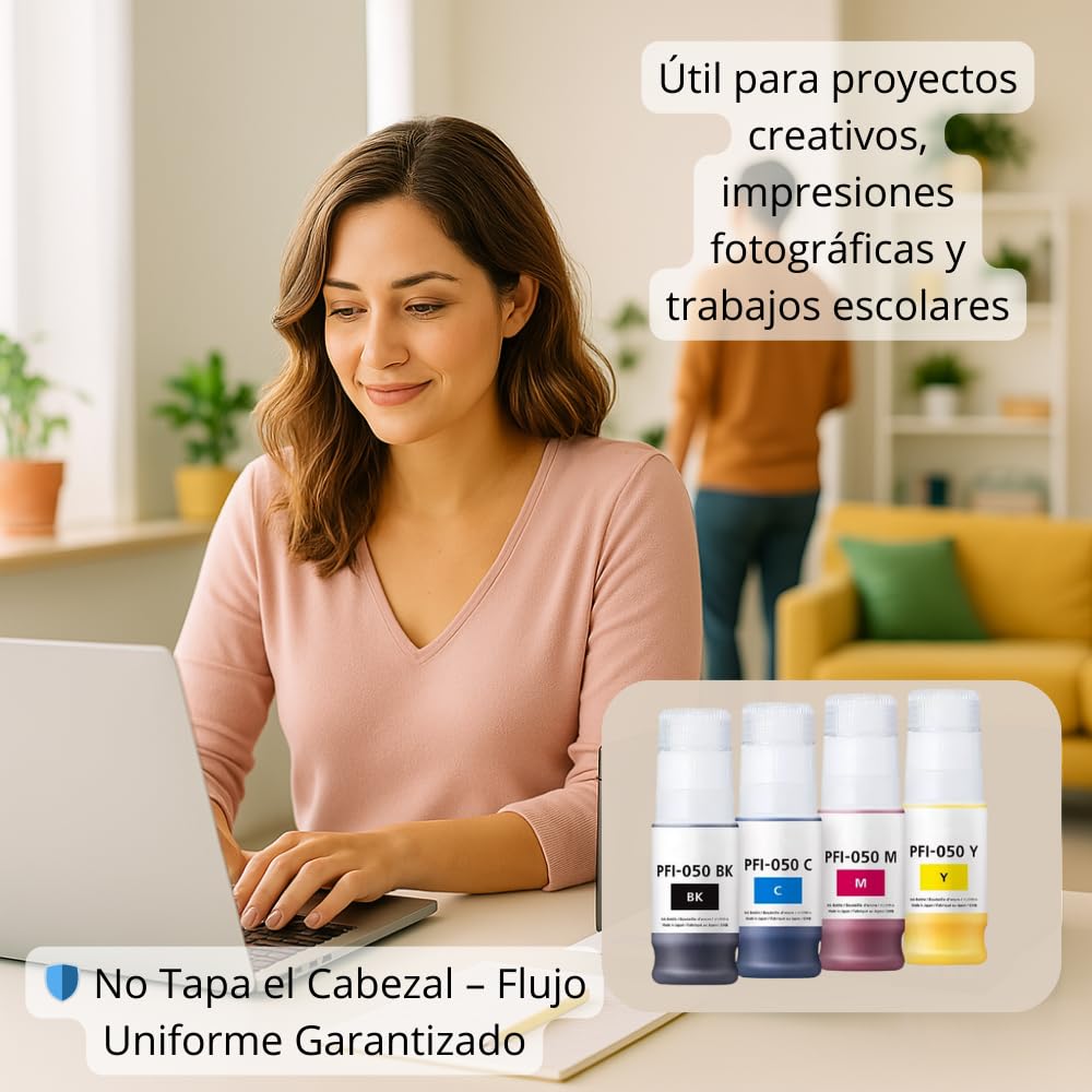LizzVicc Pack de Tinta Genérica para Canon PFI-050 – 2 Botellas Negras, 1 Cian, 1 Magenta y 1 Amarillo (70 ml c/u) – Compatible con Plóter Canon TC-20 – Tinta Pigmentada de Alta Precisión
