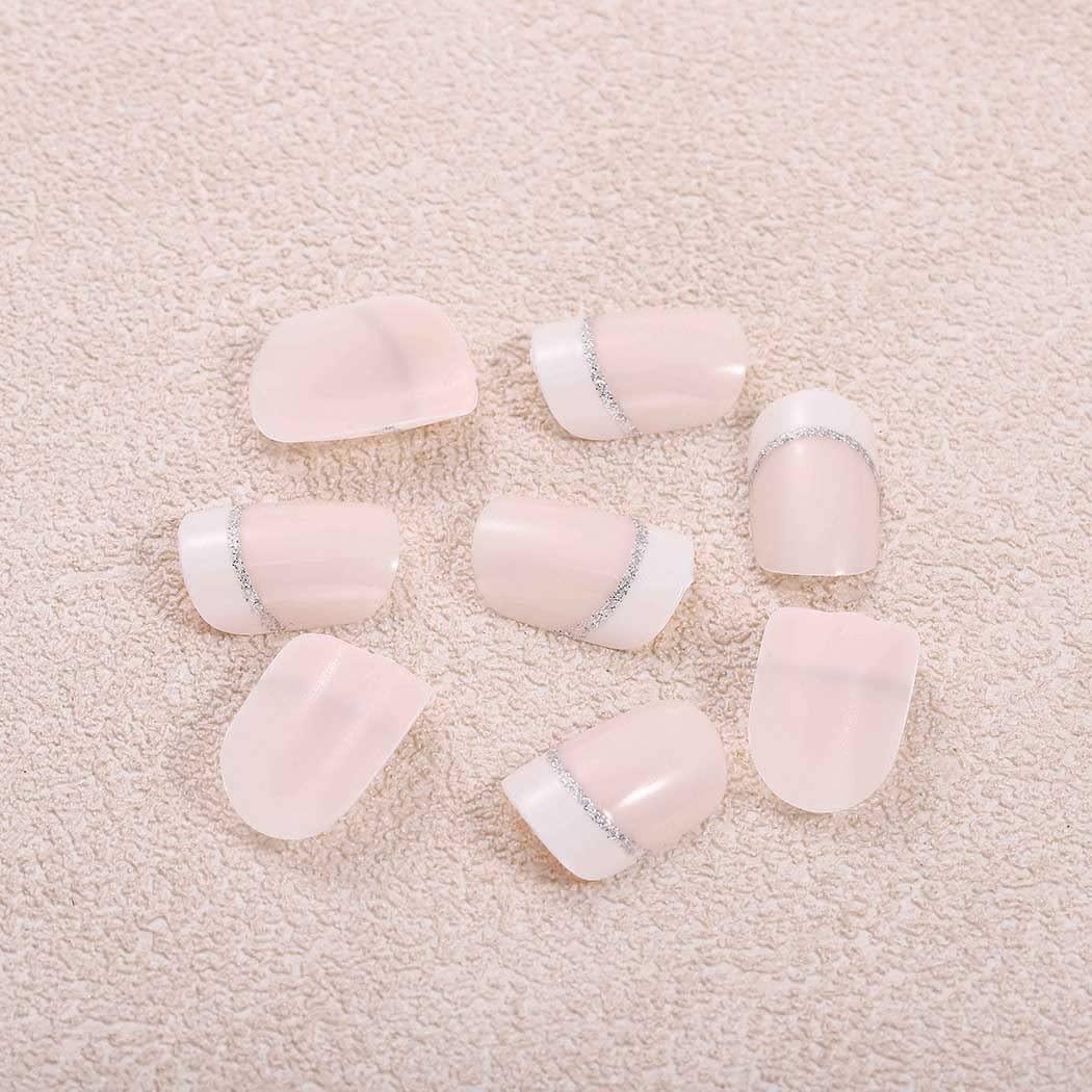 Chicque 24 uñas postizas cuadradas cortas con purpurina rosa brillante, cubierta completa, uñas falsas de boda para mujeres y niñas