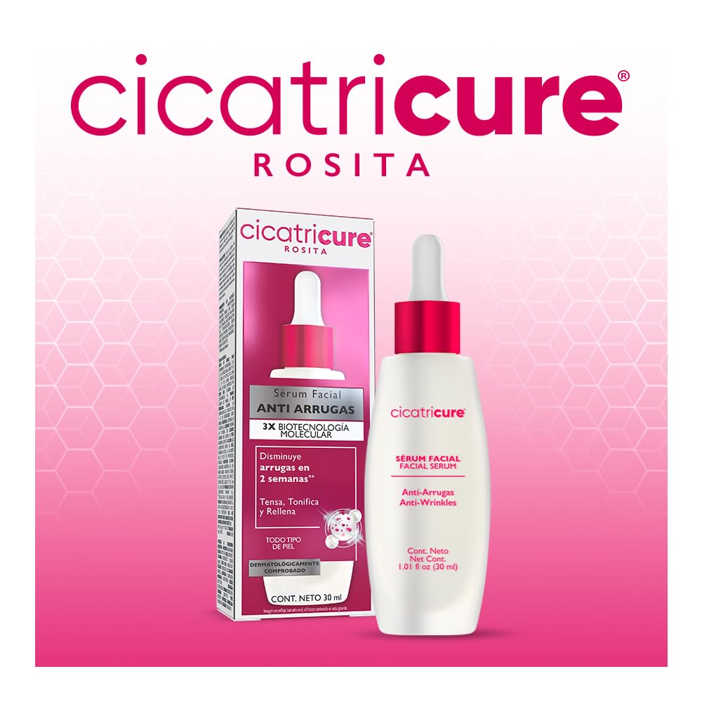 CICATRICURE - Sérum Facial Anti-arrugas. Con biotecnología molecular tensa, tonifica, rellena y disminuye arrugas en 2 semanas. Para todo tipo de piel. Presentación con 30ml