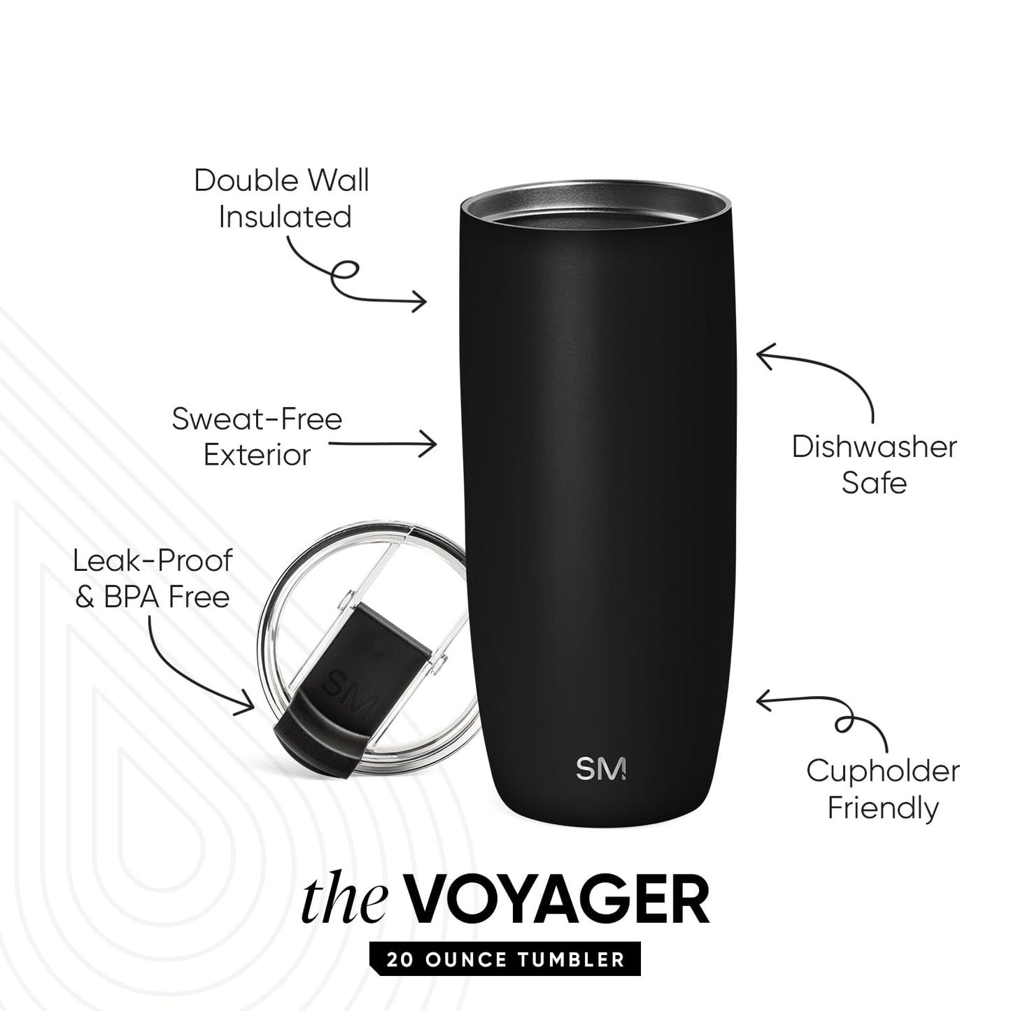 Taza de Café para Viajes Simple Modern Midnight Black con Tapa Abatible Aislada en Acero Inoxidable Voyager para Mujeres y Hombres