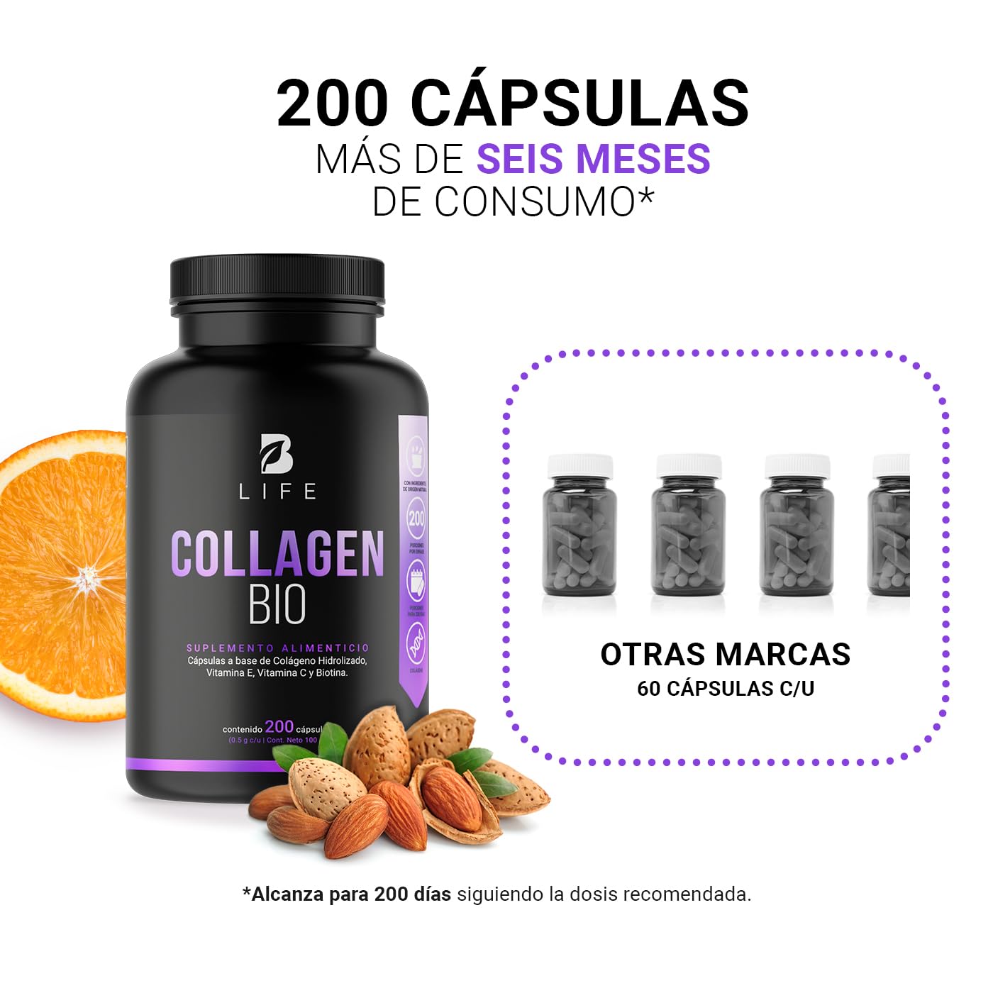 Biotina de 200 Cápsulas. Ingredientes naturales: Colágeno, Vitamina E y Vitamina C. Collagen Bio B Life.