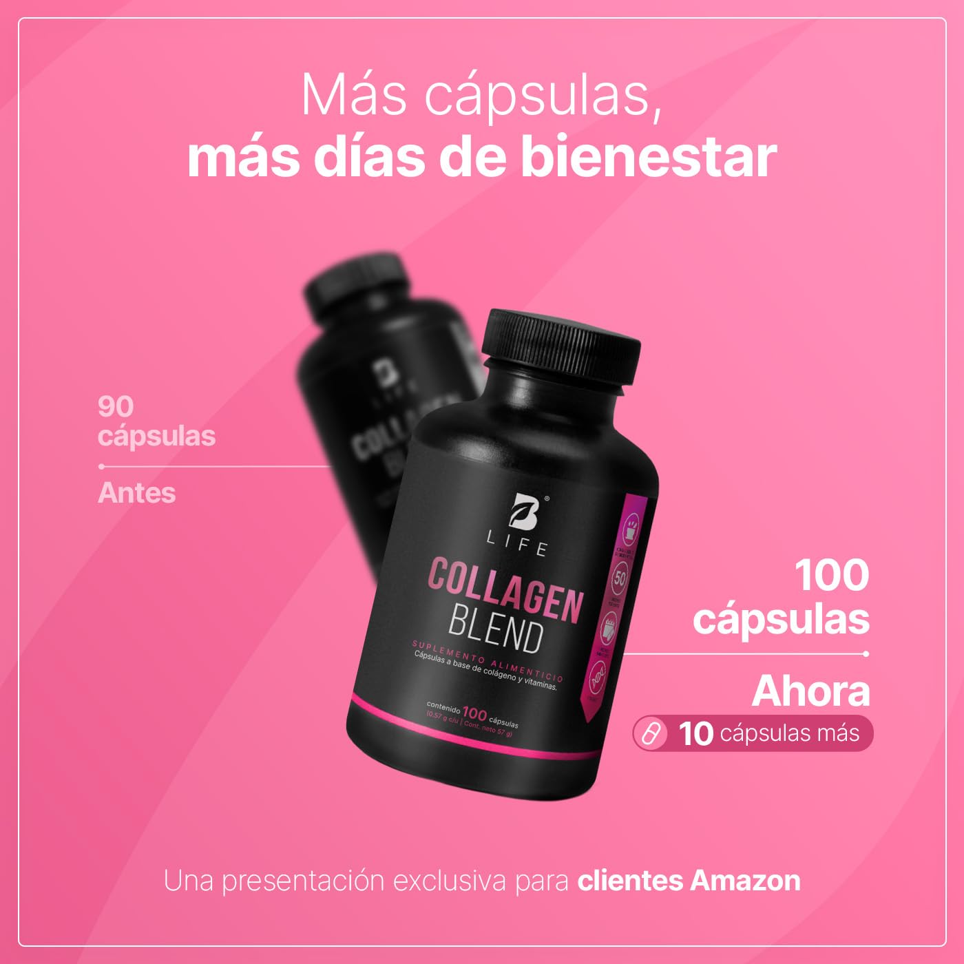 Colágeno Hidrolizado | 100 Cápsulas 1140 mg por porción. Biotina, Ácido Hialurónico, Ácido Fólico, Vitamina E, Vitamina A y C. Ingredientes naturales. Collagen Blend B Life.