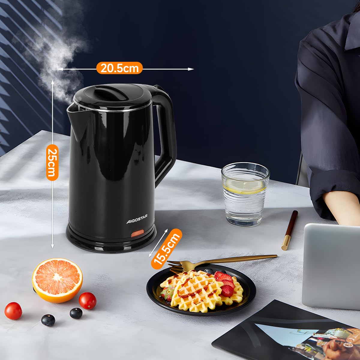 Aigostar Hervidor, Tetera Eléctrica de 1.7 Litros, Doble Pared de Acero Inoxidable, Apagado Automático, 1200w, Base Removible, Negro