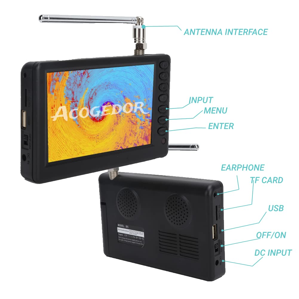 Acogedor TV Portátil de 5 Pulgadas, 1080P ATSC Pocket TV Digital para Coche, con Batería Recargable de 1500 mAh, Compatible con USB, Tarjeta TF, Mini Televisión Digital para Camping, Cocina