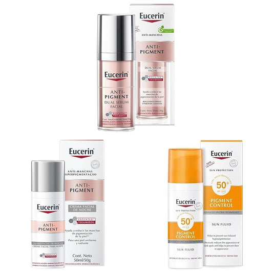 Eucerin Serum facial anti manchas Anti Pigment,30ml + Crema facial hidratante noche anti manchas Anti Pigment, 50ml + Protector solar facial anti manchas FPS 50+ Anti Pigment Sun, 50ml