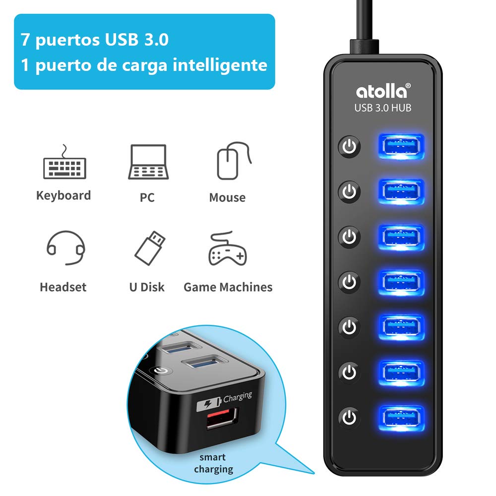 atolla Hub USB 3.0, 7 Puertos Multi USB 3.0 Hub con Interruptor Independiente + 1 Puerto de Carga USB y 5V / 4A Adaptador de Corriente Extension USB para MacBook, Mac Pro/Mini y más