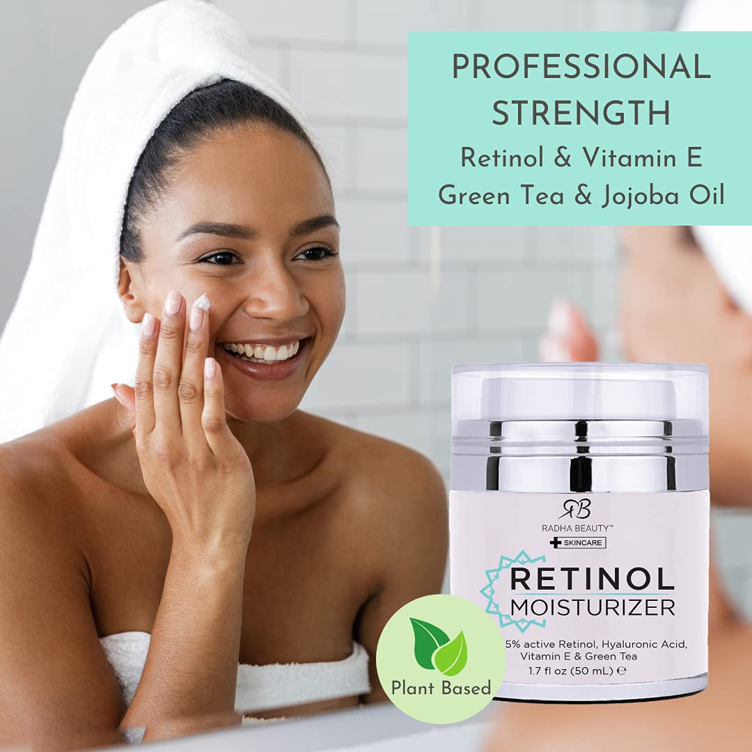 Radha Beauty Retinol Moisturizer Miracle Cream for Face - with Retinol, Hyaluronic Acid, Vitamin E and Green Tea. Best Night and Day Moisturizing Cream 1.7 fl oz.