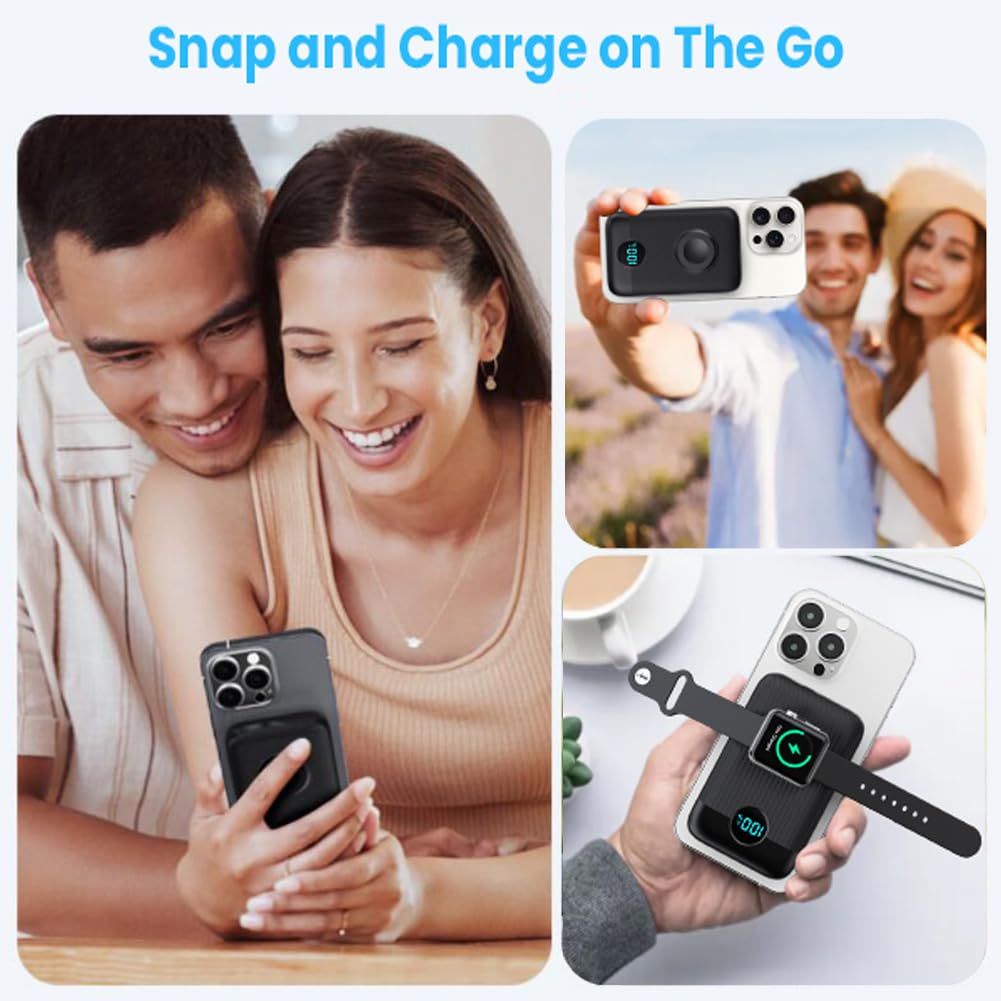Magnético Portátil Cargador 10800mAh, 4-in-1 inalámbrico Power Bank con iWatch Cargador, QC4.0+20W PD Carga Rápida USB C Batería con Pantalla LCD para Magsafe, iPhone 15/14/13/12,Apple Watch (Negro)