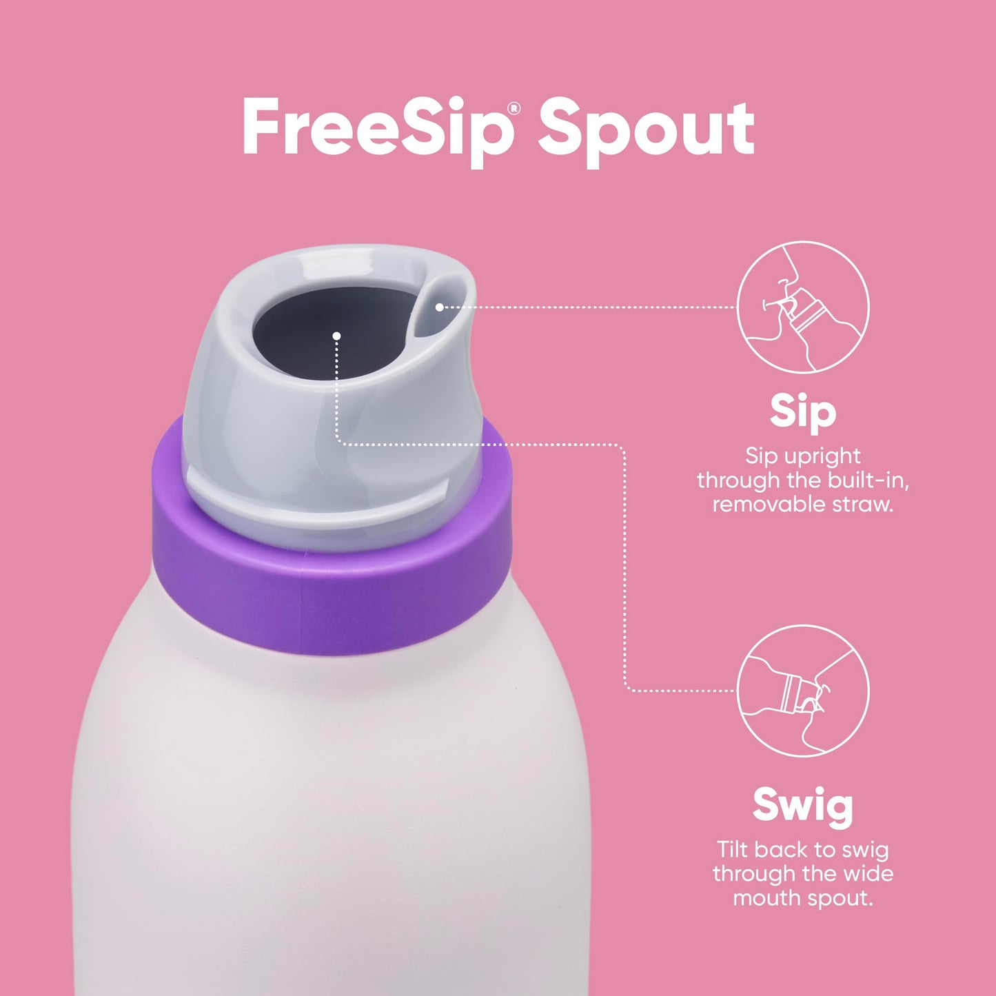 Owala FreeSip Twist - Botella de agua de acero inoxidable con popote para deportes y viajes, sin BPA, 18 onzas, rosa/morado (campo de ensueño)