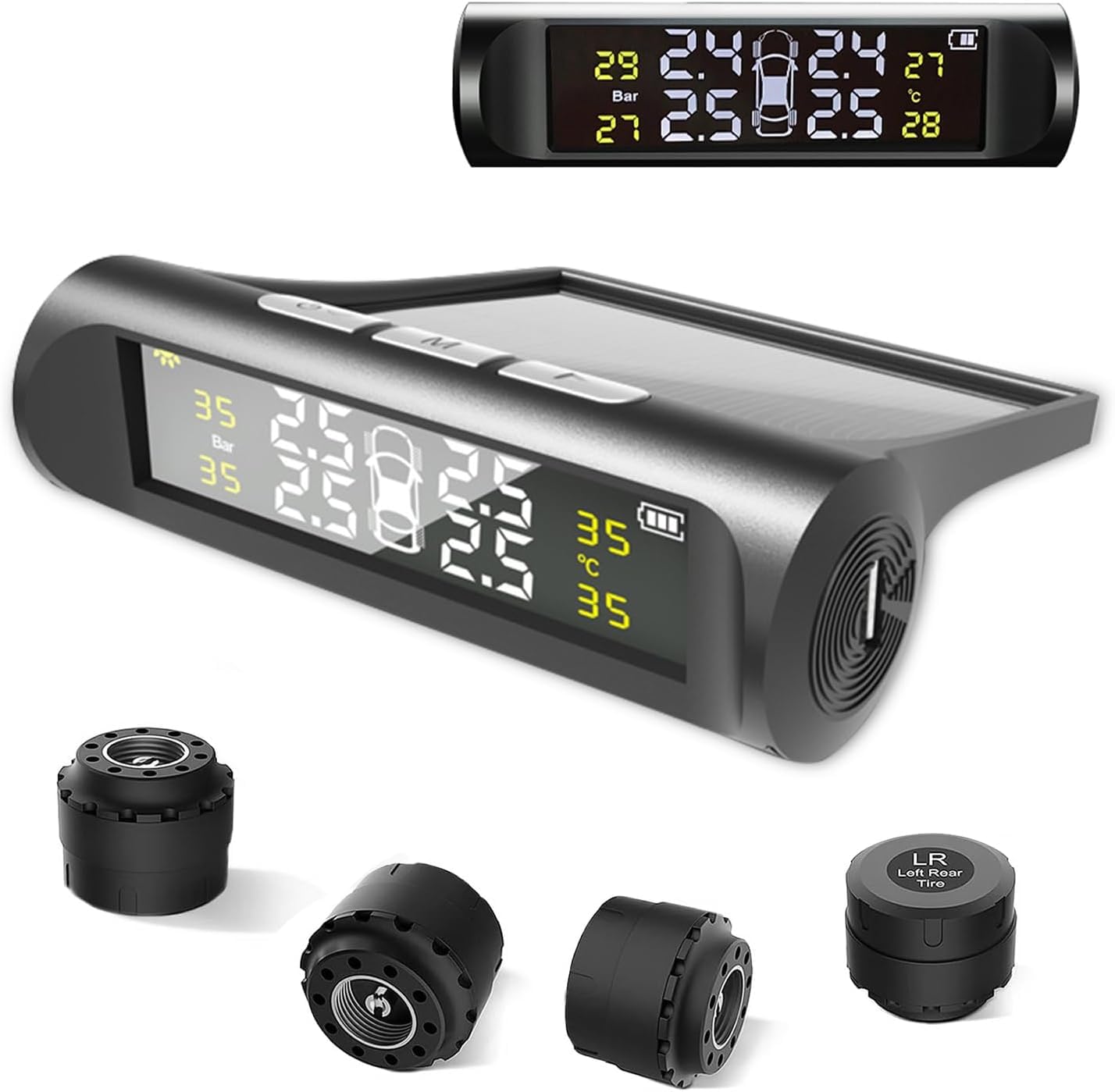 Sistema de Monitoreo de Presión de Neumáticos Inalámbrico con Pantalla LCD en Tiempo Real y Carga Solar USB