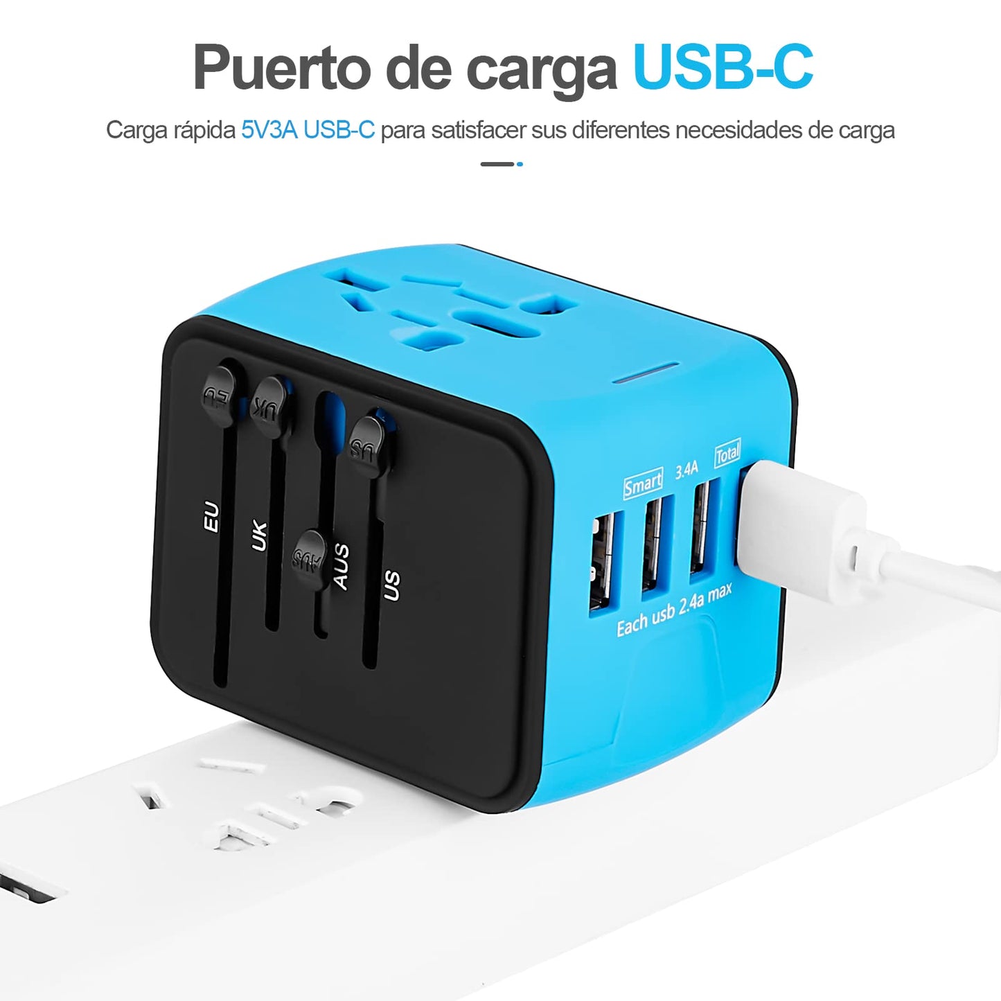 Adaptador de Viaje Universal YOMYM Blanco Seguridad Integrada Con 4 USB