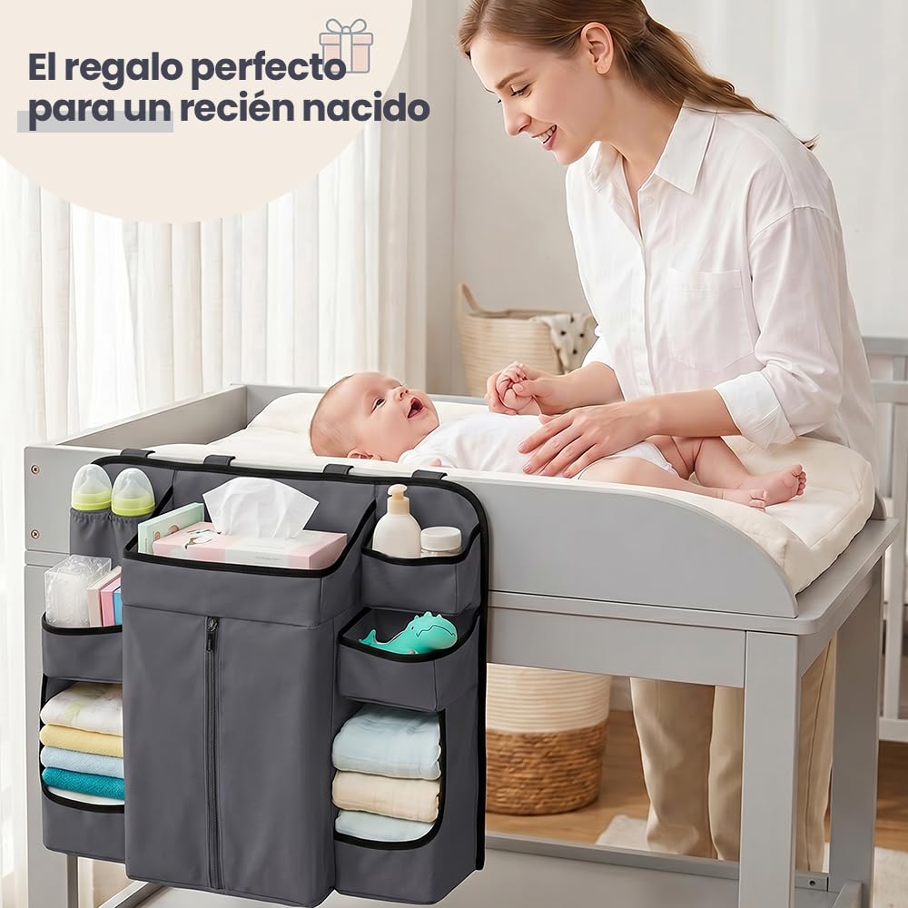 Organizador de Pañales para Bebe, Organizador de Cuna Colgante para Cosas de Bebé, Múltiples bolsillos y compartimentos para guardar pañales, biberones (Gris Oscuro)