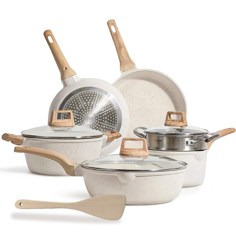 Feiniao Juego de Ollas y Sartenes Antiadherentes, Juego de Sartenes Antiadherente con Tapa, Bateria de Cocina de Inducción Apto para Lavavajillas, Juegos de Utensilios de Cocina sin PFOS PFOA 7 Piezas