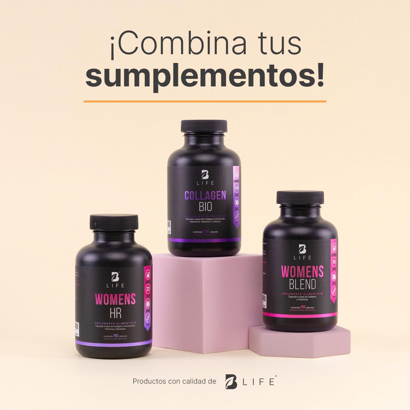 B Life Vitaminas para el Cabello de la Mujer | 90 Cápsulas | 2000 mg por porción | Colágeno Hidrolizado, L-Cisteína, L-Lisina, L-Metionina, Vitamina C, Ácido Hialurónico, Zinc, Vitamina A, Biotina y Selenio | Womens HR.
