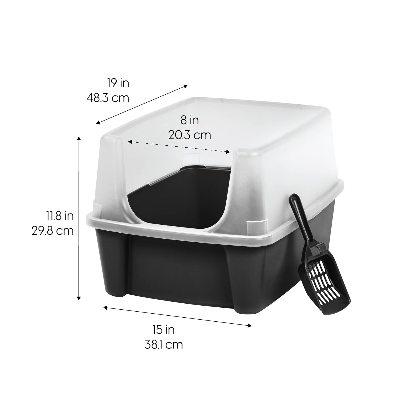 IRIS USA Caja de Arena para Gatos Grande con Escudo Anti-Salpicaduras y Paleta, Pan de Arena para Gatos de Bordes Altos y Abierto en la Parte Superior, Negro