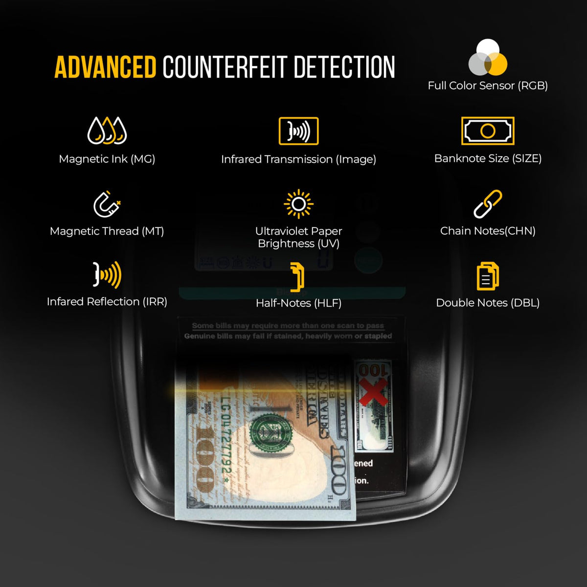 Detector de Billetes Falsos Kolibri Bishop Negro con Pantalla LCD y 5 Controles Avanzados de Detección